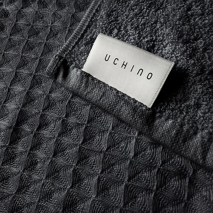 UCHINO Waffle Twist Cotton Weave Bath Towel for Bathroom Lightweight Absorbent Quick Dry Honeycomb Texture Solid Terry Loop Reverse 30" x 60", 1 Bath Towel, Ebony