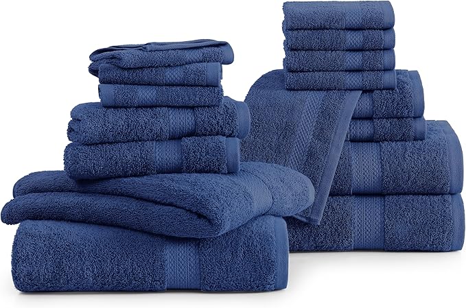 LANE LINEN 100% Cotton Luxury Towel Set for Bathroom - 16 Pieces, Ring Spun - Plush, Soft & Highly Absorbent - 4 Shower Towels, 8 Washcloths, 4 Hand Towels - Complete Bathroom Towel Set - Navy Blue