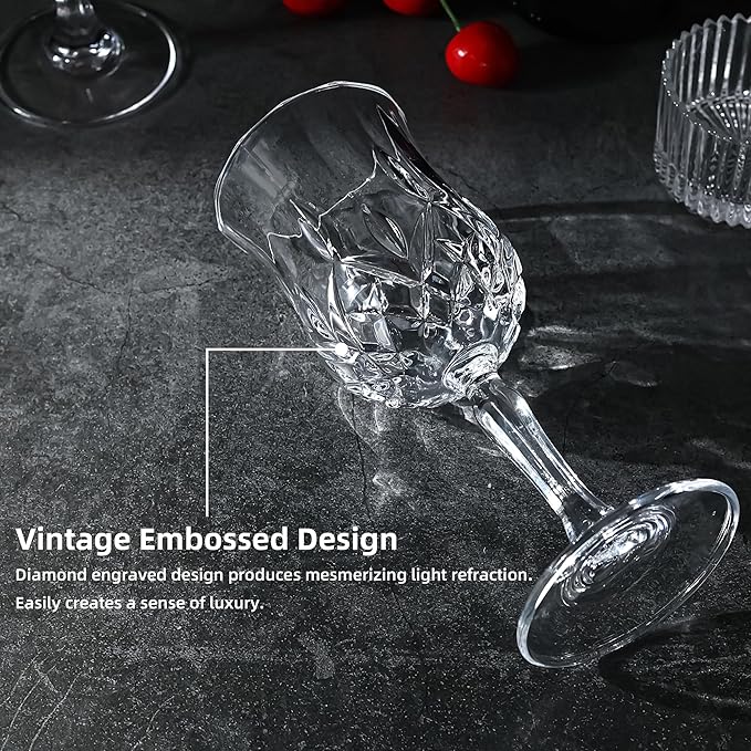 Wine Glasses Set of 12, 7.5Oz Crystal Clear Cordial Glasses with Stem, Vintage Embossed Cordial Glasses, Goblet Glassware for Wine, Whiskey, Liqueur, Perfect for Party, Wedding, Anniversary