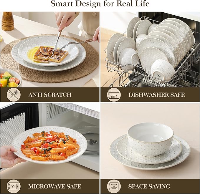 MALACASA 24 Piece Dinnerware Set, Embossed Ceramic Dish Sets Service for 8, Plates and Bowls Set, Durable Stoneware Tableware for Family Dinners, Dishwasher & Microwave Safe