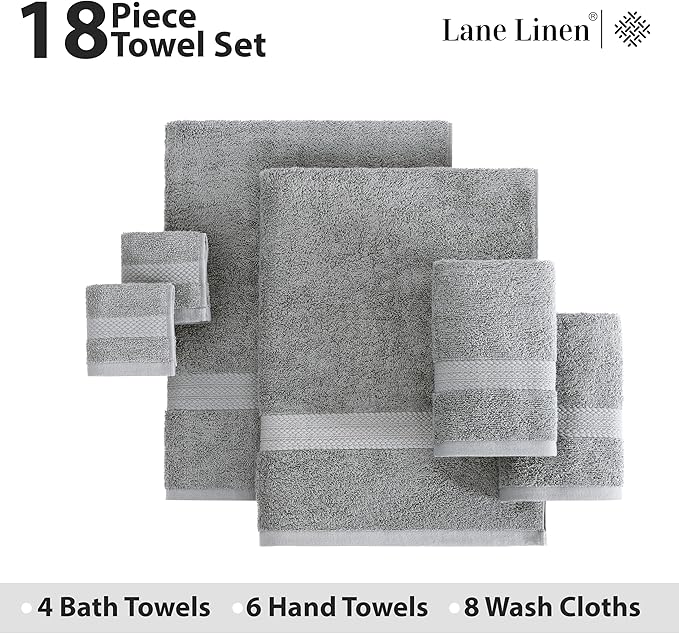 LANE LINEN 100% Ring Spun Cotton Bath Towel Set - 18 PCs - 4 Shower Towels, 8 Washcloths, 6 Hand Towels for Bathroom - Machine Washable, Quick Drying, Soft & Highly Absorbent - Space Grey