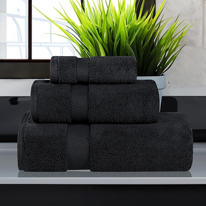 Superior Zero Twist 100% Cotton Towel Set, 3-Piece Set, Extra Soft Bath Towel, Face Towel and Hand Towel, Long-Staple Cotton Towels, Black