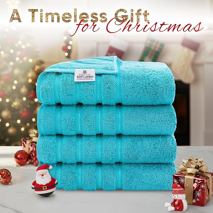 American Soft Linen Luxury 4 Piece Bath Towel Set, 600 GSM 100% Cotton Turkish Bath Towels for Bathroom, 27x54 in Extra Large Bathroom Shower Towels, Aqua Blue