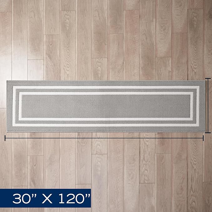 Nautica – Runner Rug | Indoor Runners for Hallways and Entry Rugs| Non-Slip and Non-Skid Entry and Kitchen Door Mat| Machine Washable Entryway Carpet Rugs | 2'6" x 10' | Double Border Light Grey