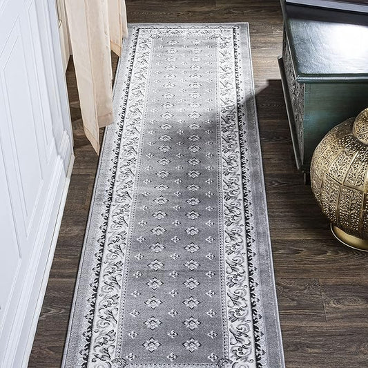 JONATHAN Y Acanthus French Border Gray/Cream Runner Rug, 2x10, Vintage, Bohemian, Easy-Cleaning for Living Room, Bedroom, Kitchen, Pet Friendly, Non-Shedding (MDP504D-210)