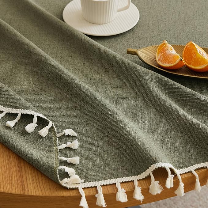 Linen Tablecloth with Tassels, Farmhouse Style GreenTablecloth, Water Resistant Burlap Tablecloths for Round Table, 52 Inch Round Olive