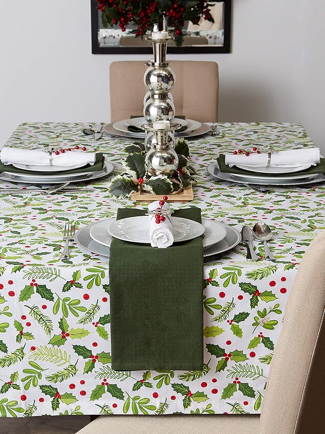 DII Boughs of Holly Collection Decorative Holiday Dining Table & Kitchen Décor, Square Tablecloth, 52x52, Christmas Greenery