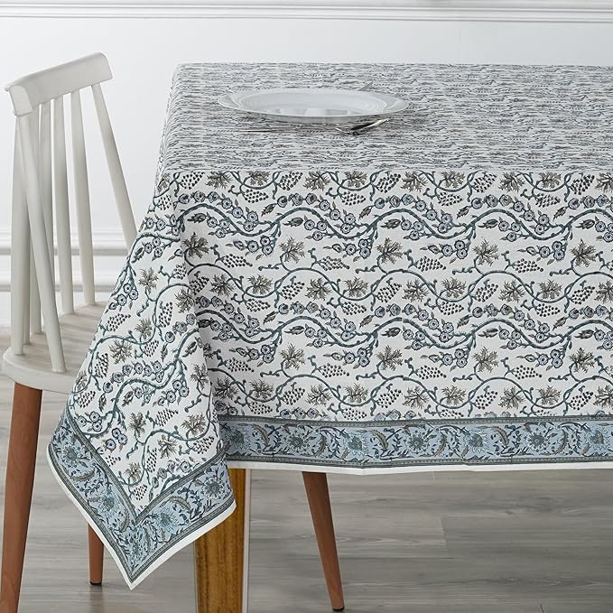 Ridhi Baby Blue Eyes Hand Block Print Cotton Rectangle Tablecloth 160" x 72" inches Reusable Table Cover Decorative Everyday Use for Dining, Farmhouse, Home, Party, Festive, Wedding, Fall
