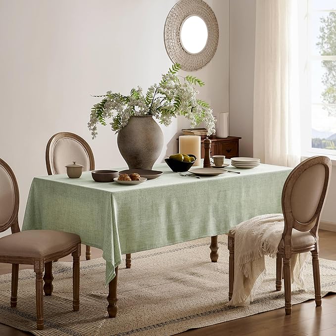 Linen Tablecloth for Rectangle Table 60x104 Inch Green, Farmhouse Style Sage Green Tablecloth, Water Resistant Burlap Tablecloths for Dining Table Farmhouse Kitchen