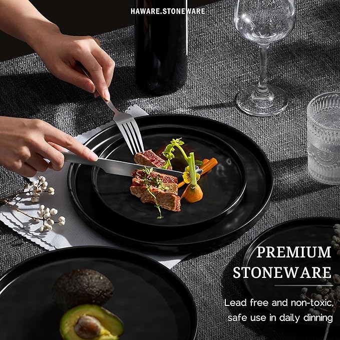 HaWare Dinnerware Sets, 12-Piece Plates and Bowls Set, Stoneware Dish Set for 4, Ceramic Dinnerware for Home Restaurant, Chip and Scratch Resistant, Microwave and Dishwasher Safe, Matte Black