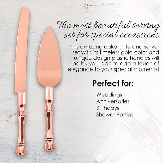 Homi styles Wedding Cake knife and Server Set | Elegant Rose Gold Color Premium 420 Stainless Steel plated Blades | Cake & Pie Serving Set for Wedding Cake, Birthdays, Anniversaries, Parties