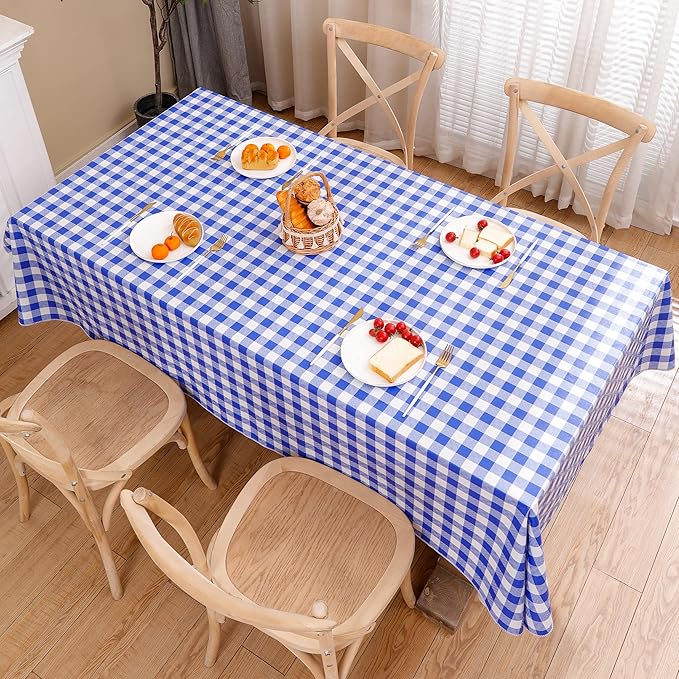 Heavy Duty Vinyl Tablecloth with Flannel Backing Waterproof Oil-Proof Plastic Table Cloth Stain-Resistant Wipeable Rectangle or Square Table Cover for Indoor and Outdoor (Blue Checkered, 60x102 Inch)