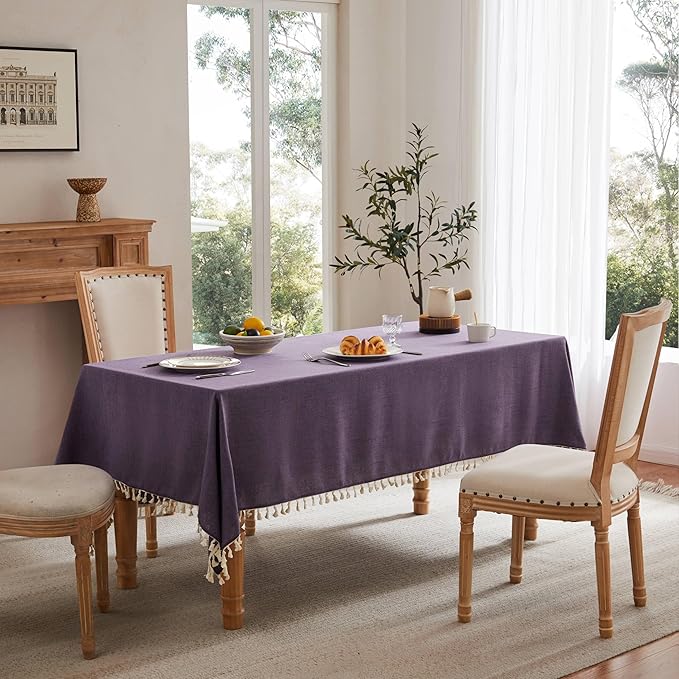 Linen Tablecloth with Tassels, Farmhouse Style Purple Tablecloth, Water Resistant Burlap Tablecloths for Square Table, 52x52 Inch Purple