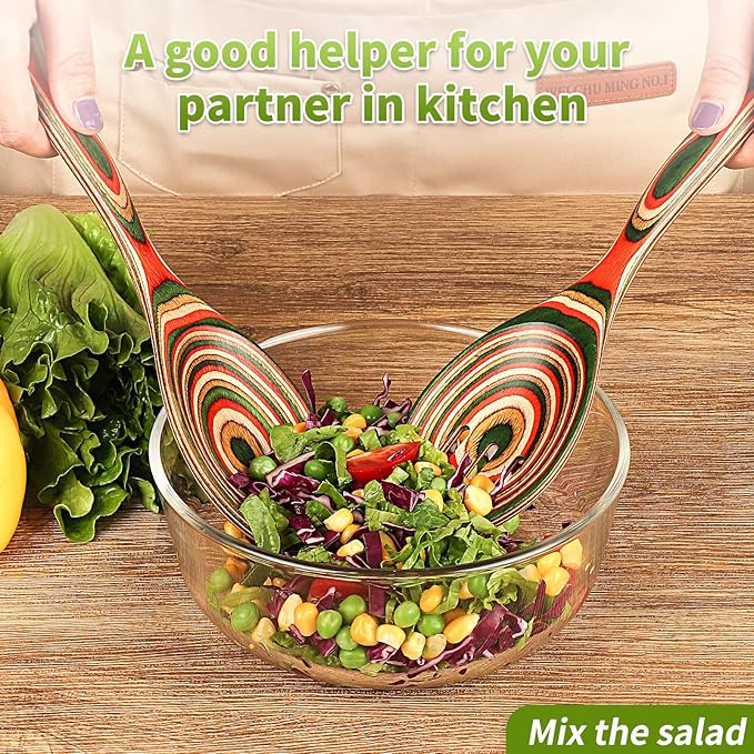 Salad Tongs, Wooden spoons, Salad Tongs for Serving, WOSPONFAN 10-inch Pakkawood Serving Utensils Set Salad Servers Set Kitchen Cooking Utensil