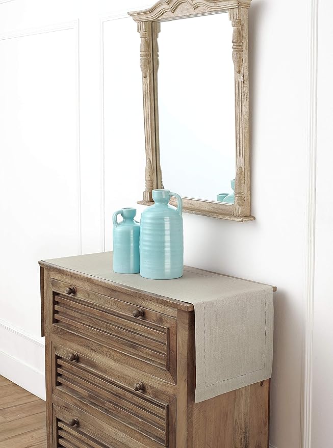 Solino Home Linen Natural Table Runner 60 Inches - Classic Hemstitch, 100% Pure Linen Coffee Table Runner 14 x 60 Inch Ideal for Dresser Tables - New Year