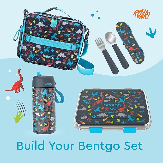 Bentgo Kids Stainless Steel Utensil Set - Reusable Fork, Spoon & Storage Case - High-Grade BPA-Free Stainless Steel, Easy-Grip Handles, Dishwasher Safe for School Lunch, Travel & Outdoors (Dinosaur)