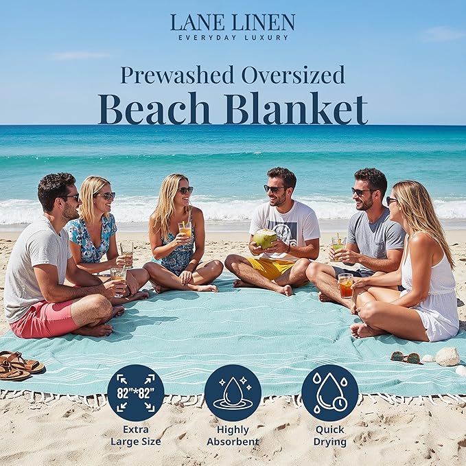 LANE LINEN Large Beach Blanket – Oversize Beach Towel, Beach Games for Family, Compact Quick-Dry Towel (82"x82"), Perfect for Lounging, Resort Stays, & Coastal Escapes - Aqua