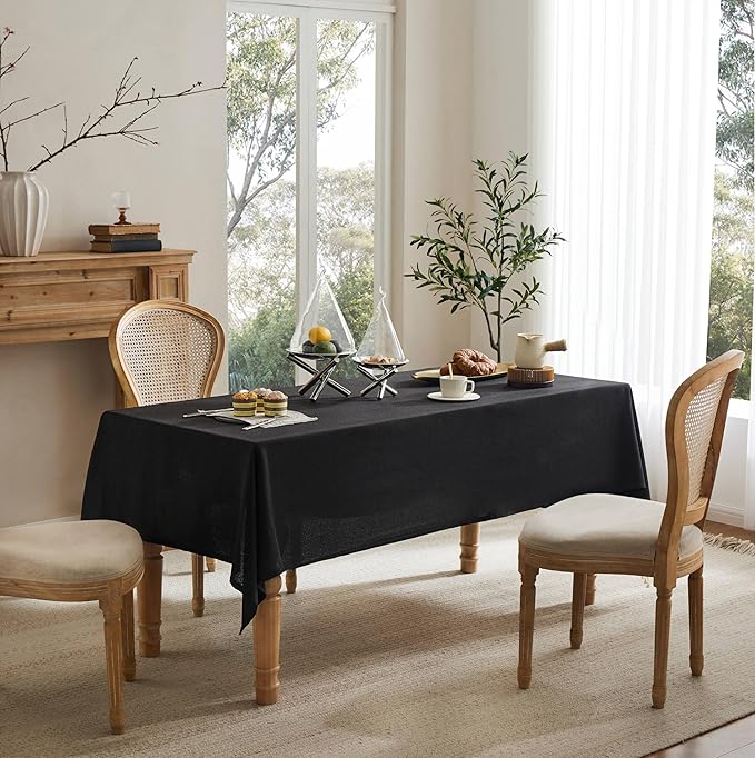 Linen Tablecloth for Rectangle Table, 60x104 Inch Black, Farmhouse Style Black Tablecloth, Water Resistant Burlap Tablecloths for Dining Table Farmhouse Kitchen