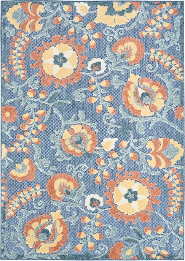 Nourison Home Aloha Blue Rose 5'3" x 7'5" Area Rug - Easy Clean, Non Shedding, Bed Room, Living Room, Dining Room, Kitchen (5' x 8')