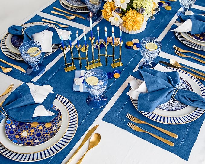 Solino Home Linen Table Runner 108 Inches Long - 100% Pure Linen Indigo Blue Table Runner 14 x 108 Inch for Winter, New Year - Classic Hemstitch