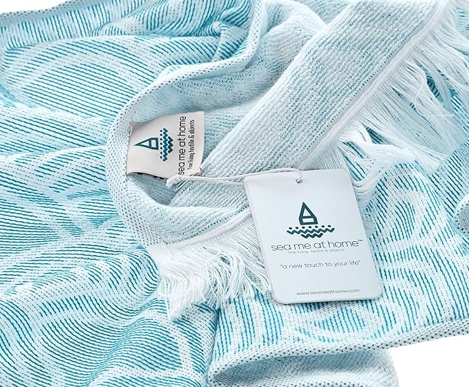 sea me at home Turkish Hand Towels for Bathroom, Kitchen Towels Decorative Set of 2, Luxury Turkish Cotton Dish Tea Towels 14 x 30 Inches for Modern, Boho, and Farmhouse Decor (Turquoise Waves)