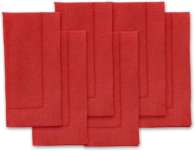 Solino Home Red Linen Napkins Set of 6-100% Pure Linen Hemstitch Dinner Napkins 20 x 20 Inch for Valentines, Holiday, Winter, New Year - Classic Hemstitch