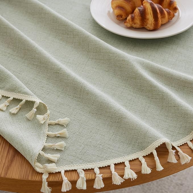 Linen Tablecloth with Tassels, Farmhouse Style Green Tablecloth, Water Resistant Burlap Tablecloths for Round Table, 60 Inch Round Green