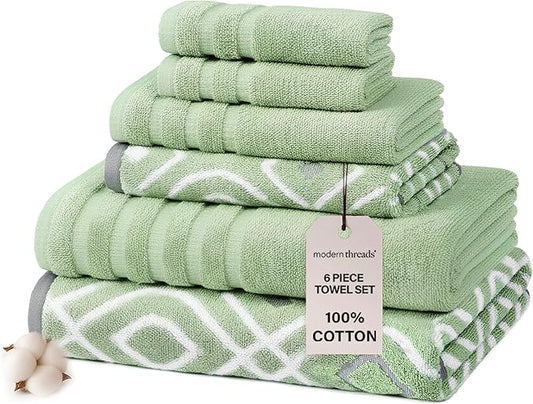 Modern Threads Oxford 6-Piece 100% Cotton Towel Set – Yarn Dyed Jacquard & Solid – Includes 2 Bath Towels, 2 Hand Towels, 2 Washcloths – Absorbent, Quick Dry, Soft & Durable – Sage Green