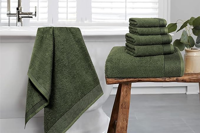 Belizzi Home 100% Cotton Ultra Soft 6 Pack Towel Set, Contains 2 Bath Towels 28x55 inchs, 2 Hand Towels 16x24 inchs & 2 Washcloths 12x12 inchs, Compact Lightweight & Highly Absorbant - Olive Green
