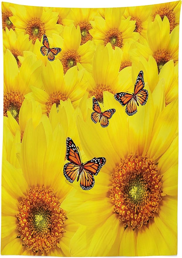 Ambesonne Sunflower Tablecloth, Sunflower Flowers Butterfly Warm Colors Round Close up Details Fun Design, Rectangular Table Cover for Dining Room Kitchen Decor, 60" X 90", Marigold Yellow