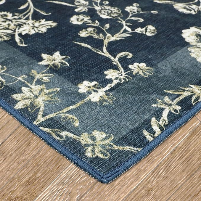 Laura Ashley Dark Navy Aria Floral Border Machine Washable & Slip Resistant 26" x 45" Accent Rug