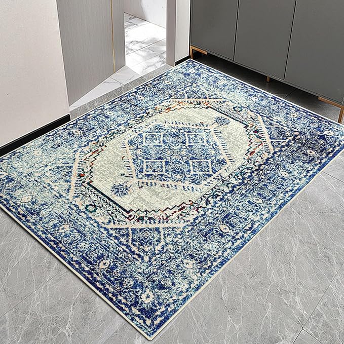 Easy-Going Boho Area Rug 3x5 Entryway Rug Washable Inside Door Mats for Home Entrance Non-Slip Vintage Distressed Small Rugs for Entry Living Room Bedroom Kitchen Office Lightweight Carpet, Blue Cream
