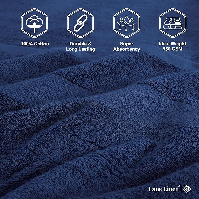 LANE LINEN 100% Ringspun Cotton Premium Turkish Bath Towel Set, 18Cs - 4 Bath Towels, 8 Washcloths, 6 Hand Towels for Bathroom - Eco Friendly & Gentle on Skin, Oeko-Tex Certified - Navy Blue