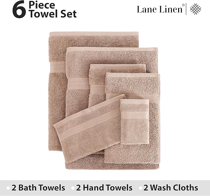 LANE LINEN 100% Mercerized Cotton Luxury Bathroom Towels Set - 6 Pieces - Ring Spun Technology - 2 Bath, 2 Washcloths, 2 Hand Towels - Suitable for All Skin Types Including Sensitive Skin - Taupe