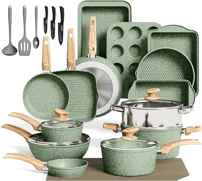 MAISON ARTS 30 Piece Pots and Pans Set Non Stick, Kitchen Cookware & Bakeware Sets with Nonstick Granite Coating, Baking Tray, Frying Pan and Saucepan, Green