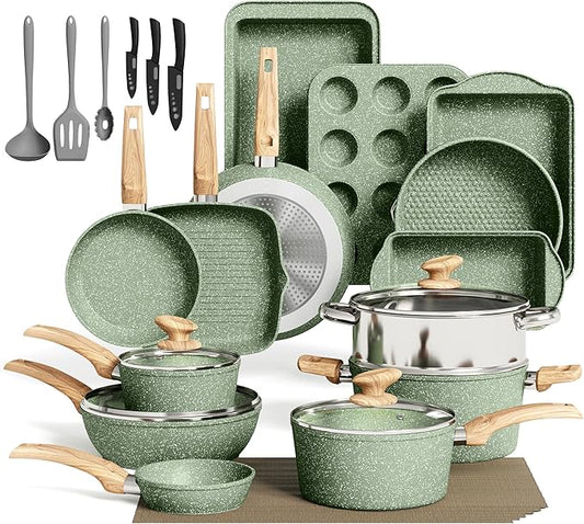 MAISON ARTS 30 Piece Pots and Pans Set Non Stick, Kitchen Cookware & Bakeware Sets with Nonstick Granite Coating, Baking Tray, Frying Pan and Saucepan, Green