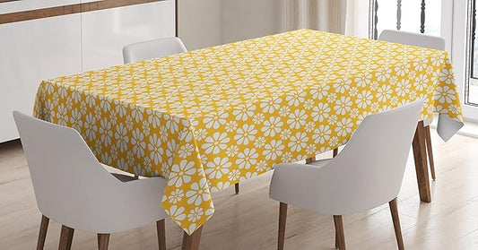 Ambesonne Floral Tablecloth, Monochrome Geometric Ornamental Flowers Vintage Daisies Nostalgic Pattern, Rectangular Table Cover for Dining Room Kitchen Decor, 60" X 90", Yellow White