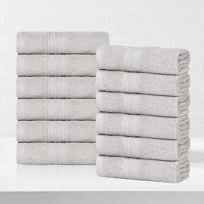 Superior Eco-Friendly Cotton 12-Piece Face Towel/Washcloth Set, Small, Fast Drying Towels for Face, Spa, Resort, Hotel, Hand, Shower, Guest Bathroom, Home, Airbnb, Apartment Essentials, Silver