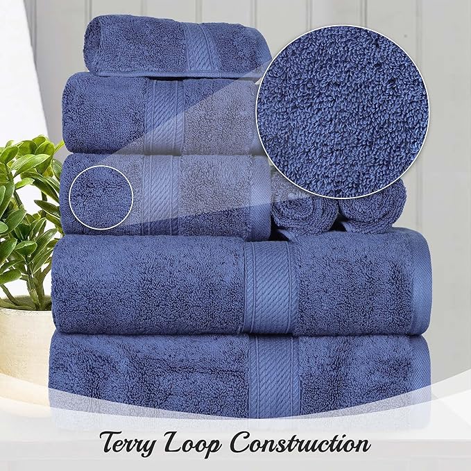 Superior Egyptian Cotton Pile Bath Towel Set of 4, Ultra Soft Luxury Towels, Thick Plush Essentials, Absorbent Heavyweight, Guest Bath, Hotel, Spa, Home Bathroom, Shower Basics, Navy Blue