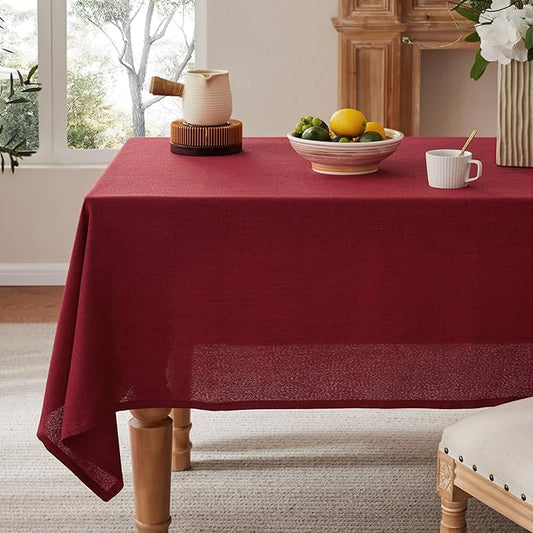 Linen Tablecloth for Rectangle Table, 52x70 Inch Burgundy, Farmhouse Style Red Tablecloth, Water Resistant Burlap Tablecloths for Dining Table Farmhouse Kitchen