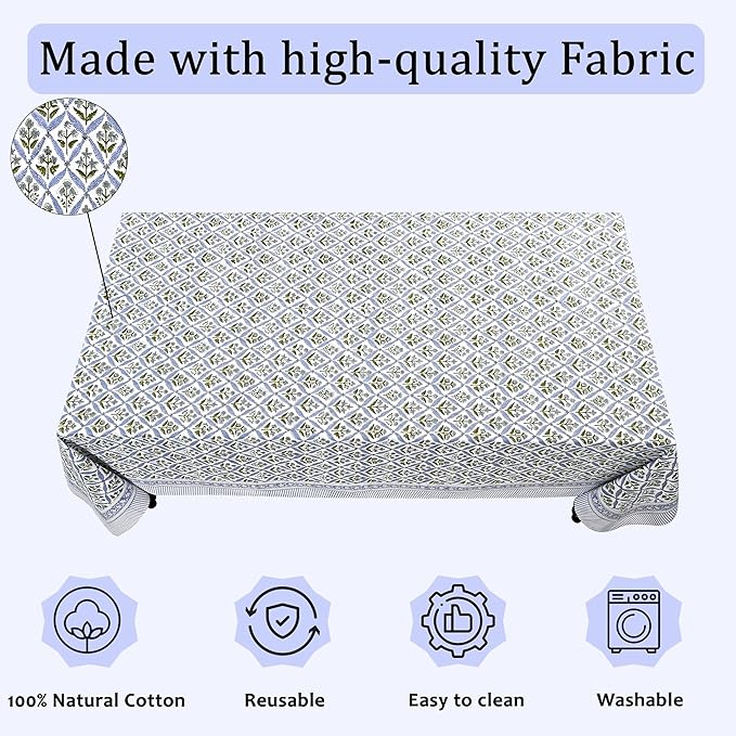Ridhi Light Steel Blue Hand Block Print Cotton Rectangle Tablecloth 108" x 60" inches Reusable Table Cover Decorative Everyday Use for Dining, Farmhouse, Home, Party, Festive, Wedding, Fall