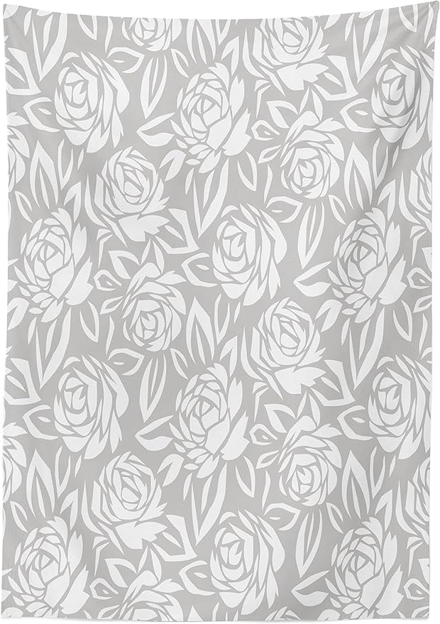 Ambesonne Grey Tablecloth, Rose Flower Floral Old Fashion Motifs in Modern Graphic Print Ornate Retro Boho Form, Dining Room Kitchen Rectangular Table Cover, 52" X 70", White Grey