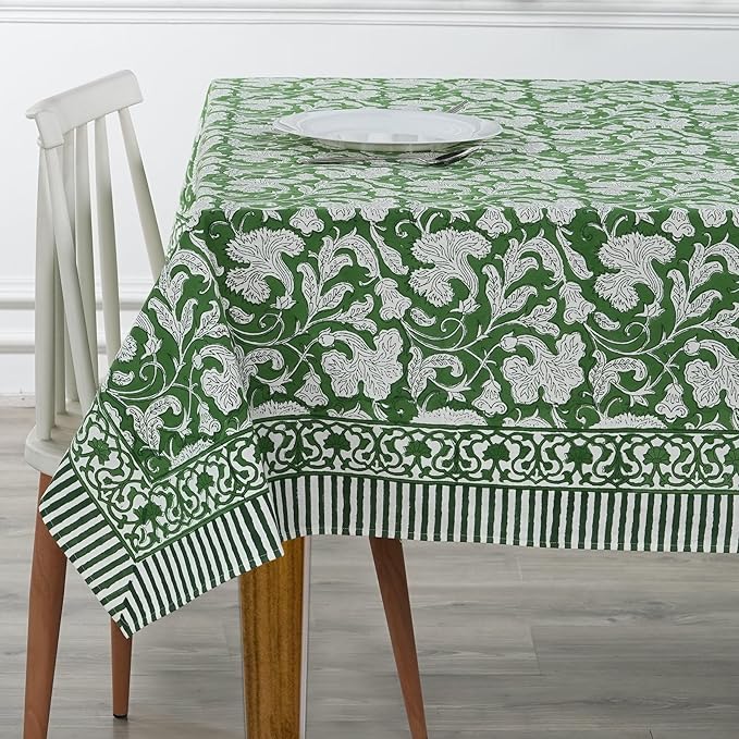 Ridhi Pantone Artichoke Hand Block Print Cotton Rectangle Tablecloth 160" x 72" inches Reusable Table Cover Decorative Everyday Use for Dining, Farmhouse, Home, Party, Festive, Wedding, Fall