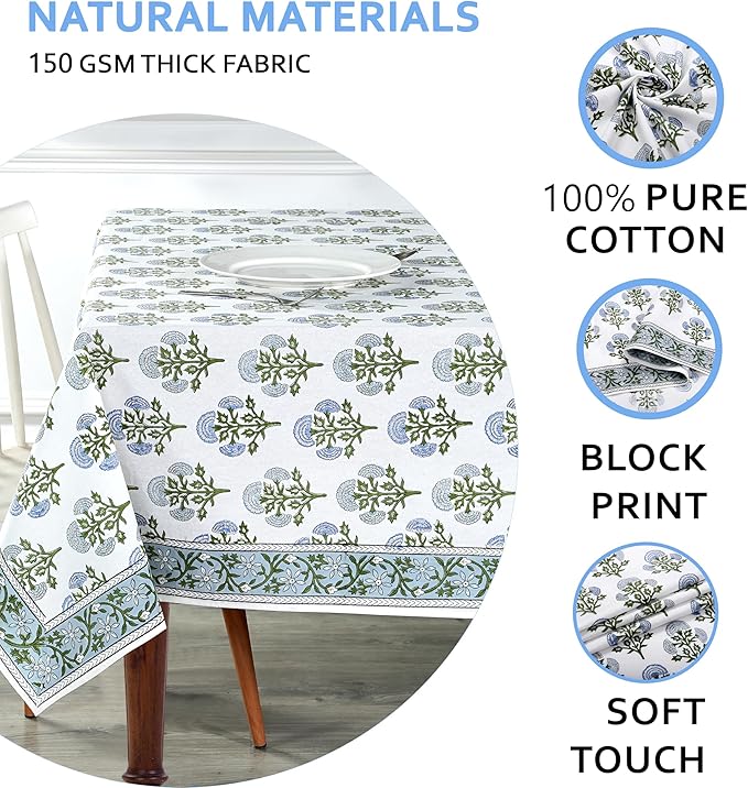Ridhi Mughal Buta Blue Hand Block Print Cotton Rectangle Tablecloth 108" x 60" inches Reusable Table Cover Decorative Everyday Use for Dining, Farmhouse, Home, Party, Festive, Wedding, Fall