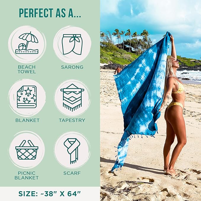 Sand Cloud Turkish Beach Towel - Sand Free - 100% Organic Turkish Cotton Yarn - Quick Dry Towel for Beach, Picnic Blanket or Throw - As Seen on Shark Tank - Tie Dye (Blue Acid Wash)