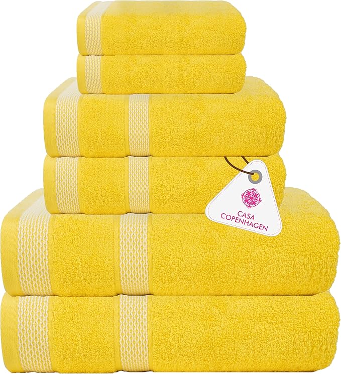 CASA COPENHAGEN Solitaire 6 Pieces Towel Set- Butter Yellow, 600 GSM 2 Bath Towel 2 Hand Towel 2 Washcloth, Designed in Denmark Made of Soft Egyptian Cotton for Bathroom, Kitchen & Shower