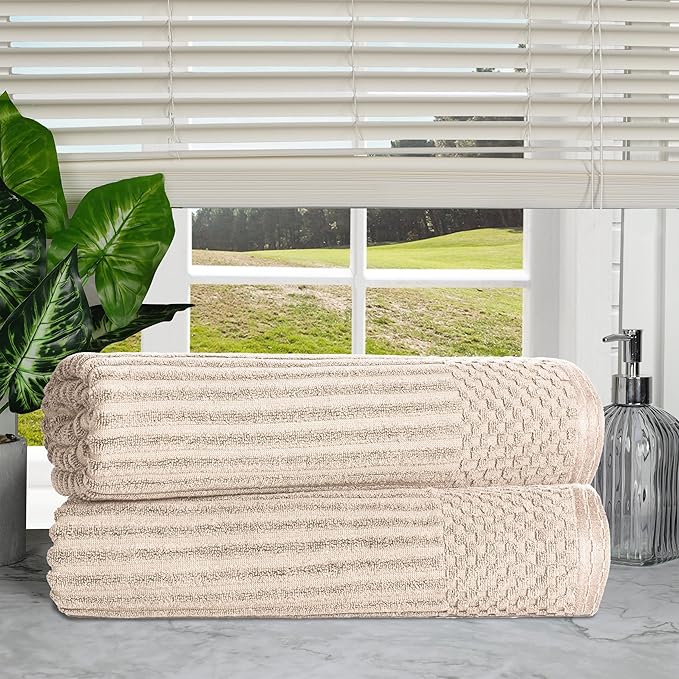 Cotton 2-Piece Solid and Ribbed Bath Sheet Set, Bath Sheets- 34" x 68", Ivory by Superior