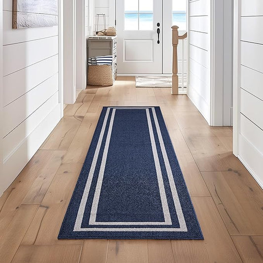 Nautica – Runner Rug | Indoor Runners for Hallways and Entry Rugs| Non-Slip and Non-Skid Entry and Kitchen Door Mat| Machine Washable Entryway Carpet Rugs | 2'2" x 8'| Double Border Denim
