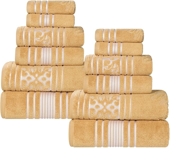 Superior Cotton 12 Piece Assorted Floral Towel Set, Includes 4 Bath, 4 Hand, 4 Washcloth/Face Towels, Quick Dry, Home Essentials, Shower, Spa, Luxury Plush Soft Absorbent Towels, Zero Twist, Gold