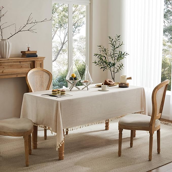 Linen Tablecloth with Tassels, Farmhouse Style Light Beige Tablecloth, Water Resistant Burlap Tablecloths for Rectangle Table, 60x104 Inch Light Tan